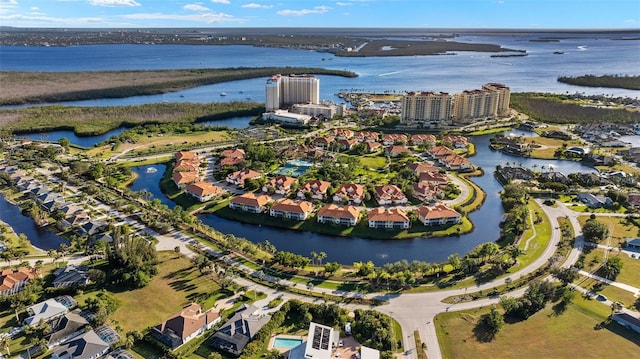 aerial view featuring a water view