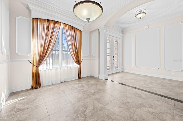 entryway with french doors and ornamental molding