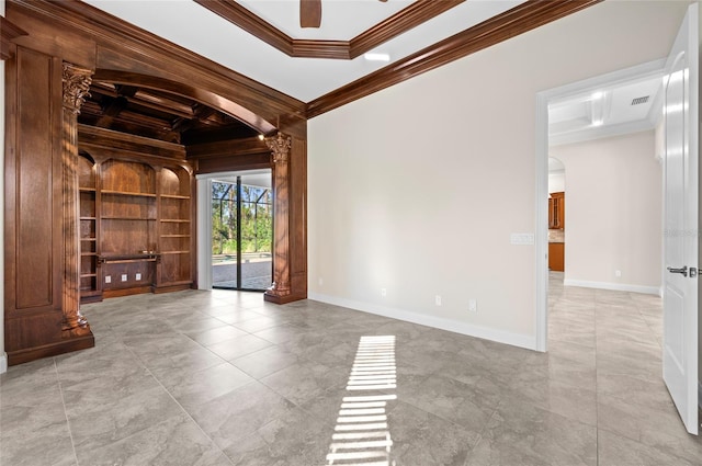 unfurnished room featuring ceiling fan, crown molding, and coffered ceiling