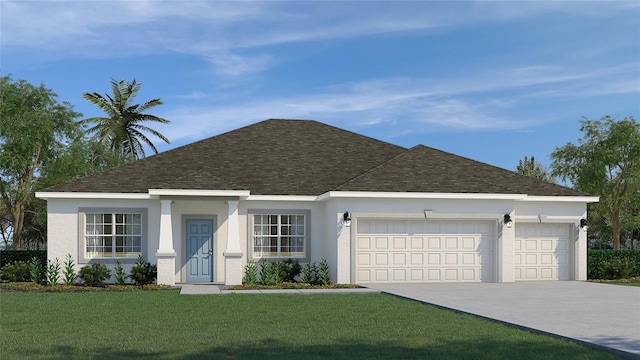 ranch-style home with a garage, concrete driveway, a shingled roof, and a front yard