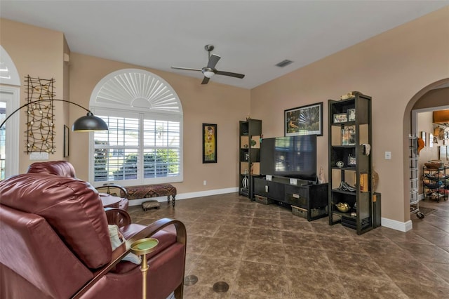 living room featuring ceiling fan