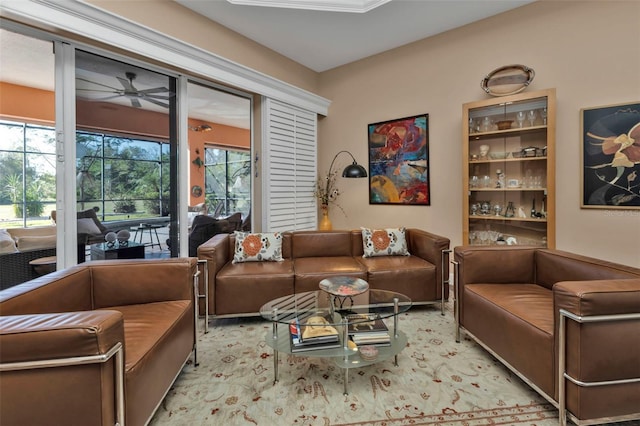 living room featuring ceiling fan