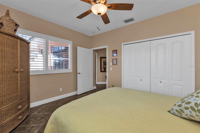 bedroom featuring ceiling fan and a closet