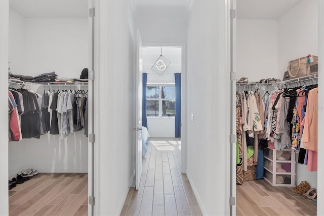 walk in closet with light wood-type flooring