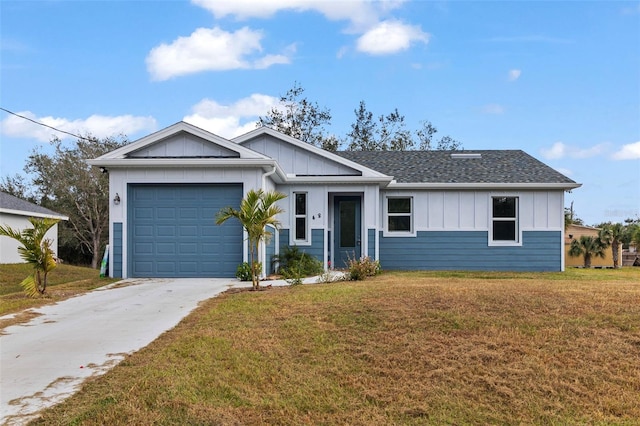 single story home with a garage and a front lawn