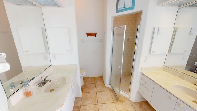 bathroom with tile patterned floors, vanity, toilet, and walk in shower