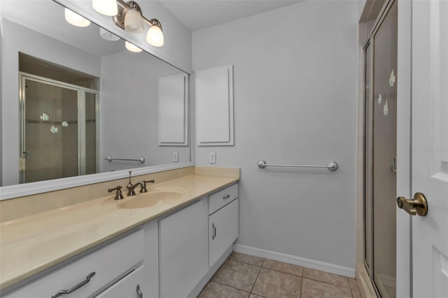 bathroom with tile patterned flooring, vanity, and a shower with shower door