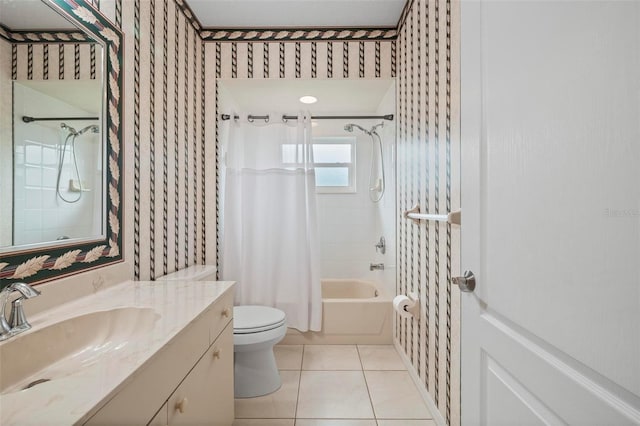 full bathroom featuring tile patterned floors, vanity, shower / bath combo, and toilet