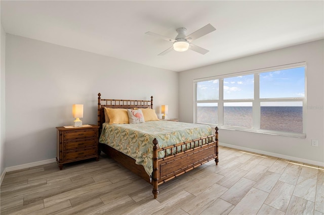 bedroom featuring ceiling fan and a water view