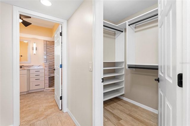 walk in closet featuring ceiling fan and light wood-type flooring