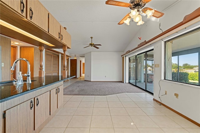 interior space with light carpet, vaulted ceiling, ceiling fan, and sink