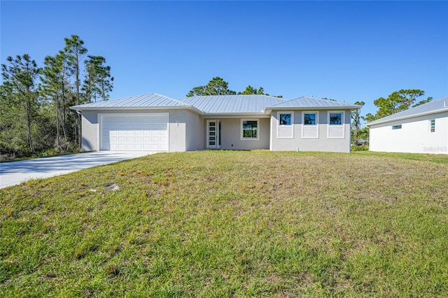 ranch-style home featuring a front yard and a garage