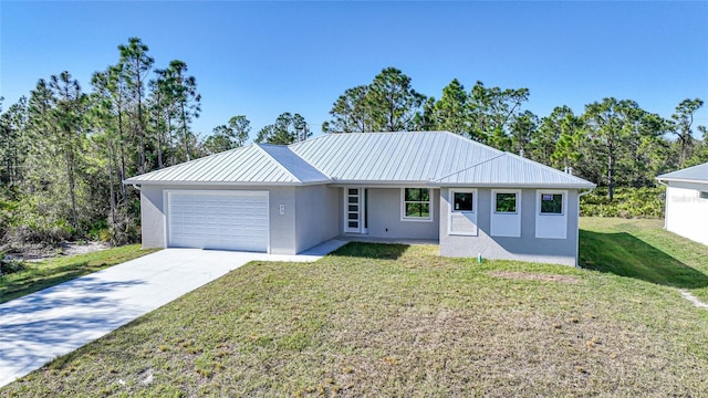 ranch-style home with a garage and a front yard