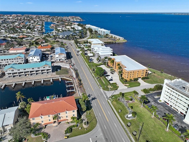 drone / aerial view featuring a water view