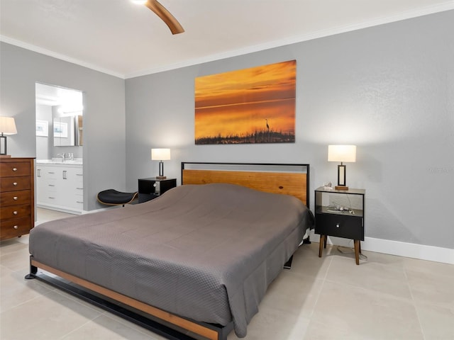 bedroom with ensuite bath, ceiling fan, light tile patterned floors, and ornamental molding