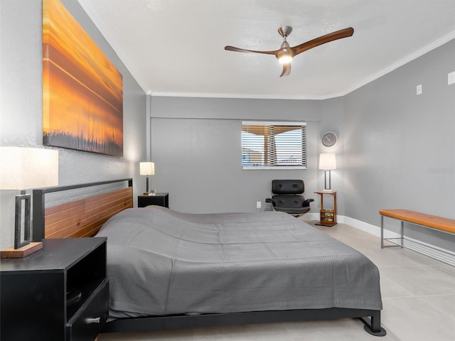 bedroom featuring ceiling fan, tile patterned flooring, and ornamental molding