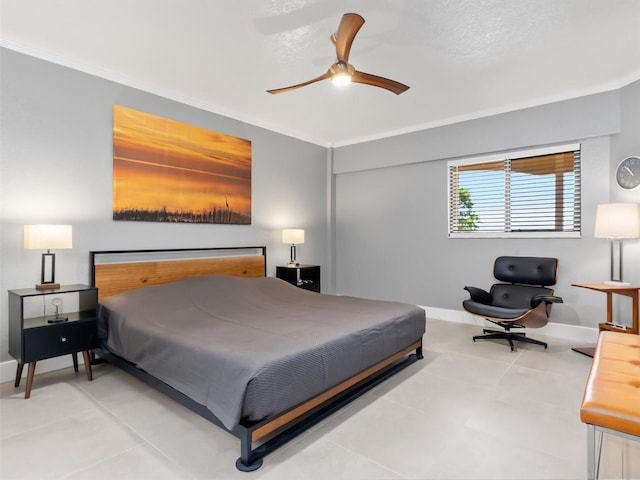 bedroom featuring ceiling fan, a textured ceiling, and ornamental molding