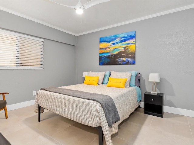 bedroom featuring tile patterned floors, ceiling fan, and ornamental molding