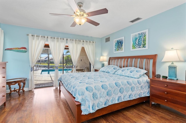 bedroom featuring access to outside, ceiling fan, and hardwood / wood-style flooring