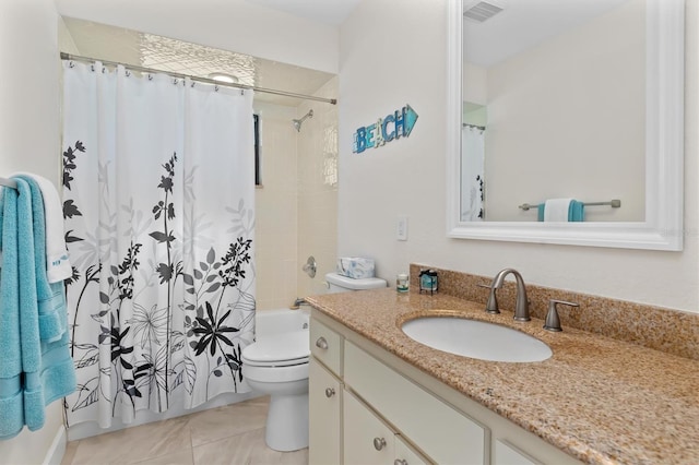 full bathroom with toilet, shower / tub combo, vanity, and tile patterned floors