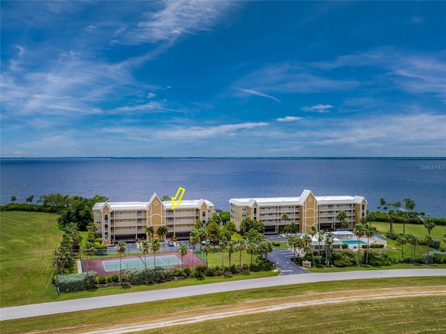 drone / aerial view featuring a water view