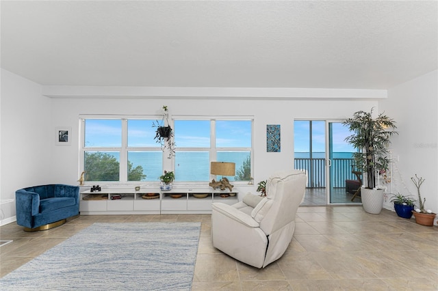 living room featuring a healthy amount of sunlight and a water view