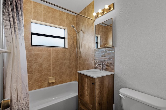 full bathroom with vanity, toilet, shower / bath combo with shower curtain, and backsplash