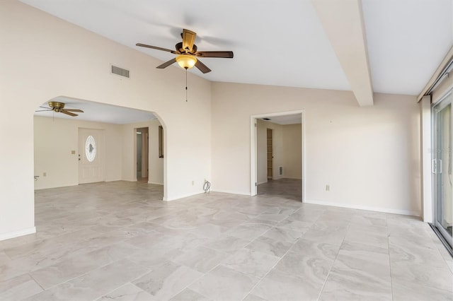 unfurnished living room with vaulted ceiling with beams and ceiling fan