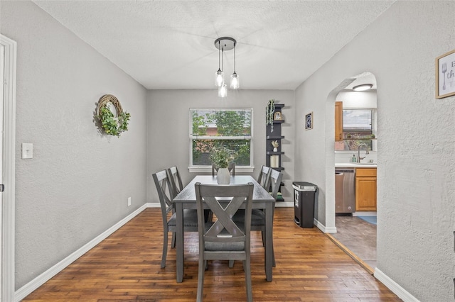 dining space with dark hardwood / wood-style flooring, sink, and a textured ceiling