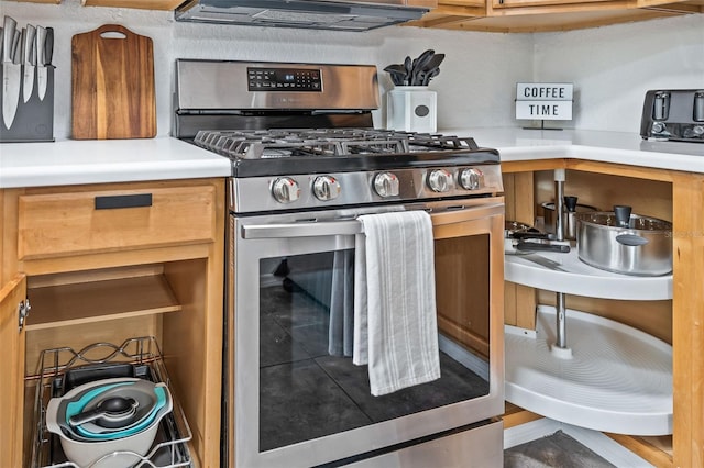 kitchen with extractor fan and stainless steel range with gas stovetop