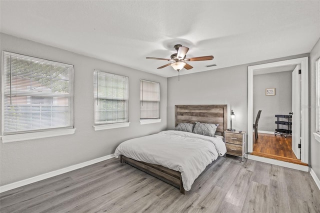 bedroom featuring ceiling fan and light wood-type flooring