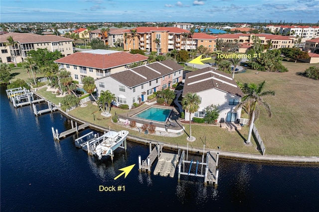 aerial view featuring a water view