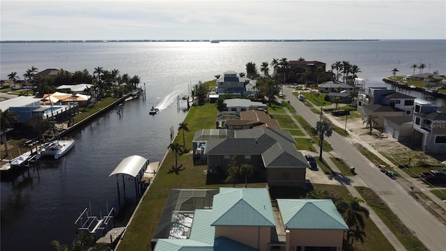 aerial view featuring a water view