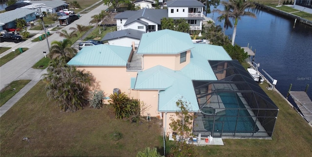 drone / aerial view featuring a water view