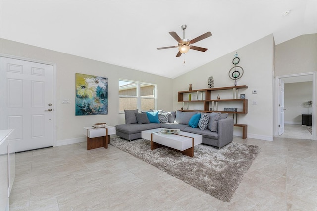 living room with ceiling fan and lofted ceiling