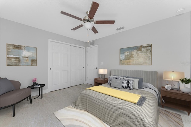 bedroom featuring ceiling fan and a closet