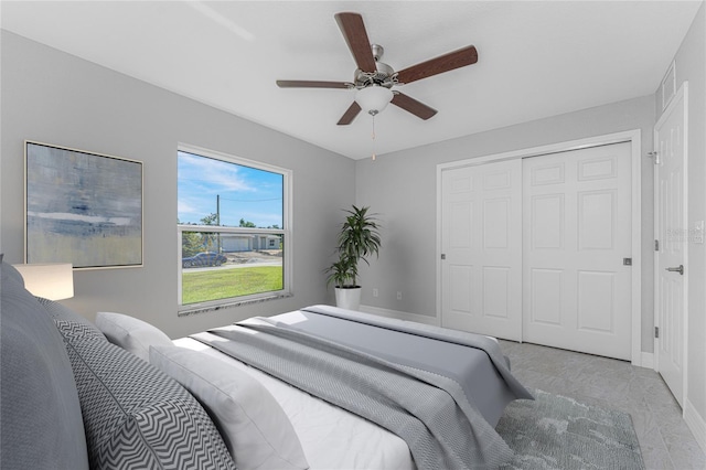 bedroom featuring a closet and ceiling fan