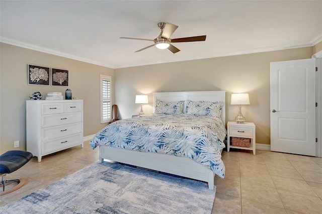 bedroom featuring ceiling fan, crown molding, and light tile patterned flooring