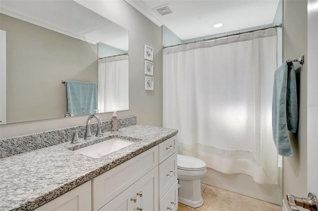 full bathroom with vanity, tile patterned floors, crown molding, toilet, and shower / tub combo with curtain