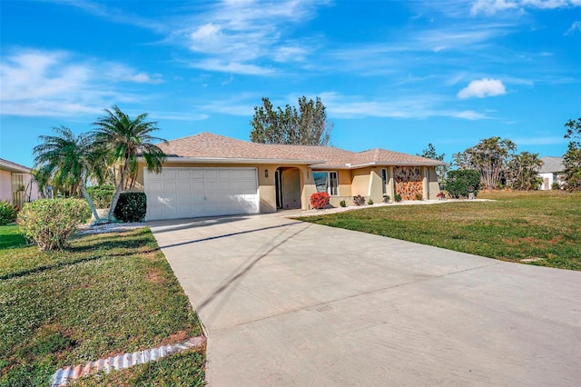 single story home with a front lawn and a garage