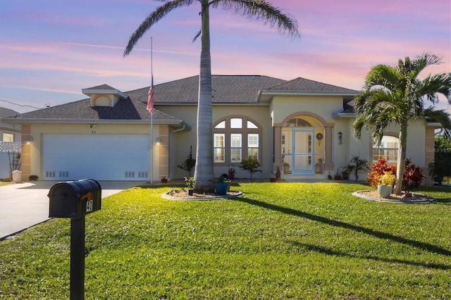 view of front facade featuring a lawn and a garage