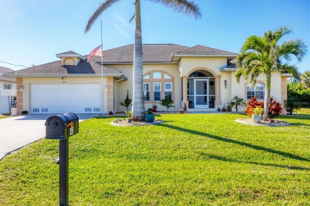 view of front facade with a garage and a front lawn