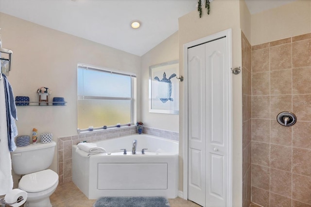 bathroom with toilet, vaulted ceiling, separate shower and tub, and tile patterned flooring