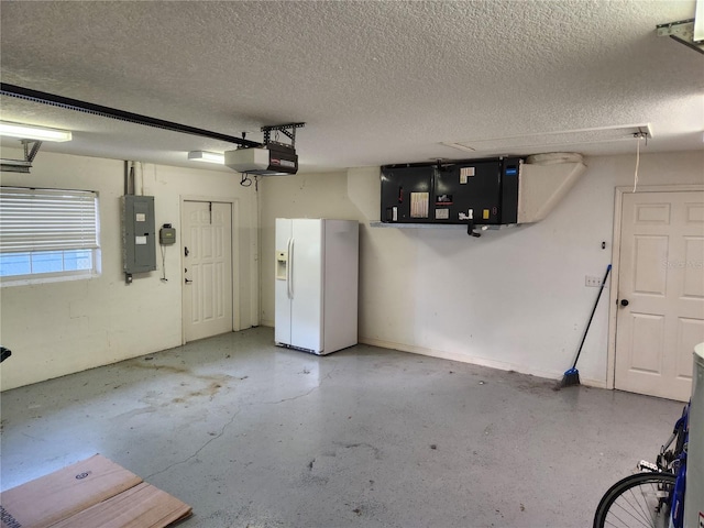 garage with electric panel, a garage door opener, and white fridge with ice dispenser