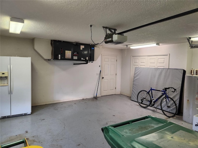 garage featuring white refrigerator with ice dispenser, a garage door opener, and water heater