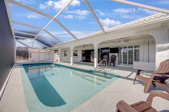 525 Madrid Blvd, Punta Gorda, FL 33950 - outdoor pool featuring ceiling fan, a patio, and glass enclosure