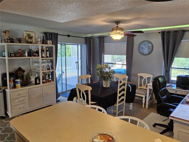 interior space featuring ceiling fan and a textured ceiling