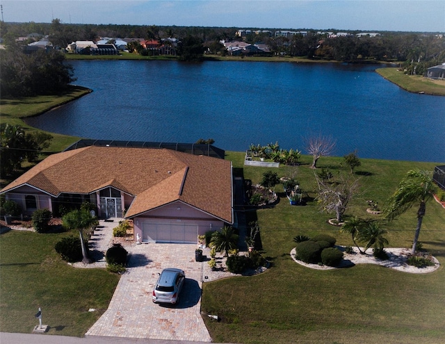 drone / aerial view featuring a water view