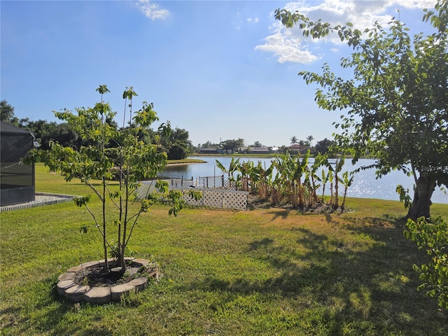 view of yard with a water view and glass enclosure