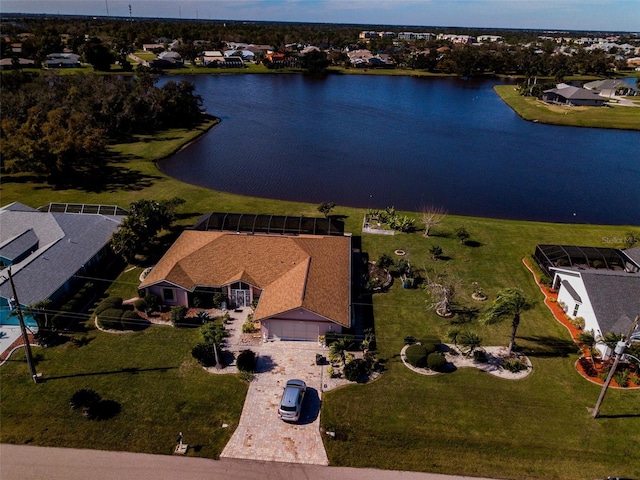 aerial view featuring a water view